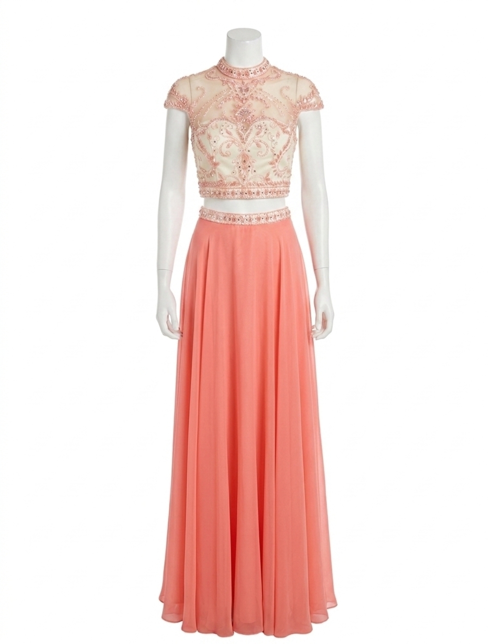 NEW RACHEL ALLAN two-piece embellished chiffon gown in coral